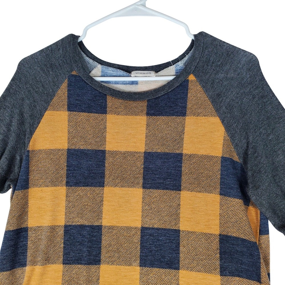 Viamor Womens Buffalo Plaid Raglan Top Mustard Yellow Gray Elbow Patch Large